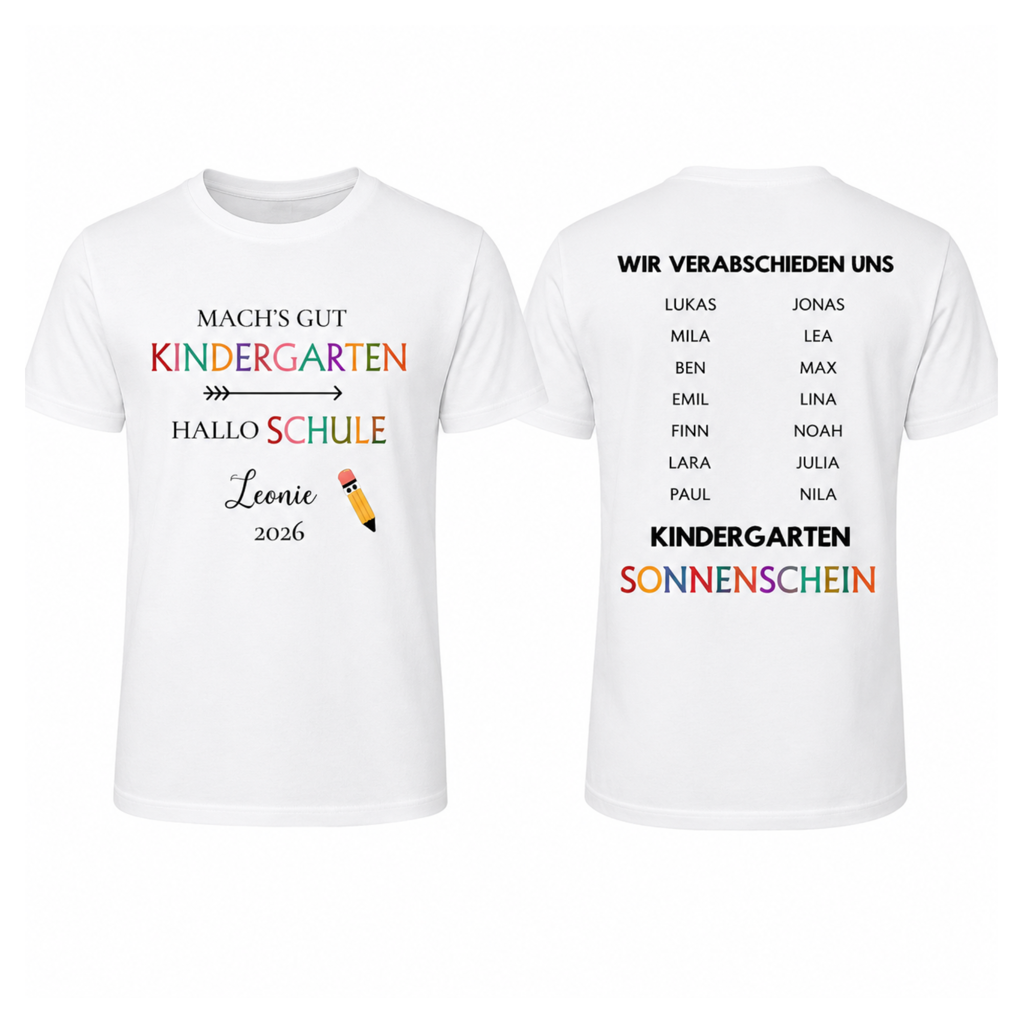 Kindergarten Abschieds T-Shirt personalisiert – Mach's gut Kindergarten, Hallo Schule | Wunschname