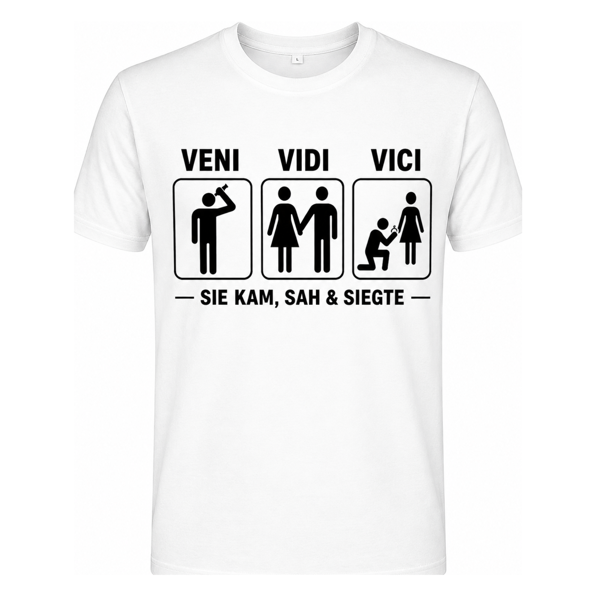 Lustiges JGA T-Shirt – Veni Vidi Vici | Sie kam, sah & siegte | Fun-Shirt für Junggesellenabschied